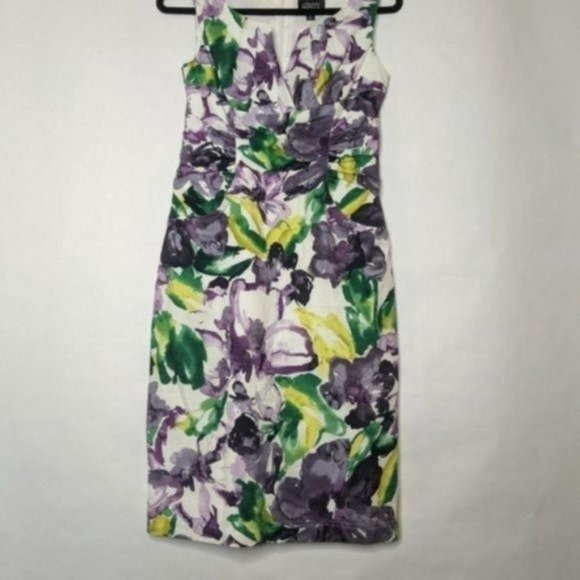 Adrianna Papell Dress 6 Medium Purple Floral Dress Sleeveless Ruched Sheath Text - Picture 2 of 9